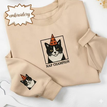 Embroidered Cat Nap Champion Sweatshirt | Vintage Silly Graphic Cat Lover Shirt | Funny Cozy Embroidery Tee | Cat Mom Gift