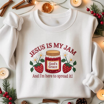 Embroidered Jesus Is My Jam Sweatshirt, Christian Crewneck Gift for Mom, God’s Grace Faith Based Sweater, Religious Apparel for Women