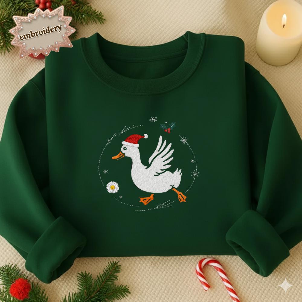 Silly Goose Embroidery Crewneck, Duck and Daisy Flower Sweatshirt, Funny Embroidered Shirt, Adorable Gift for Friends