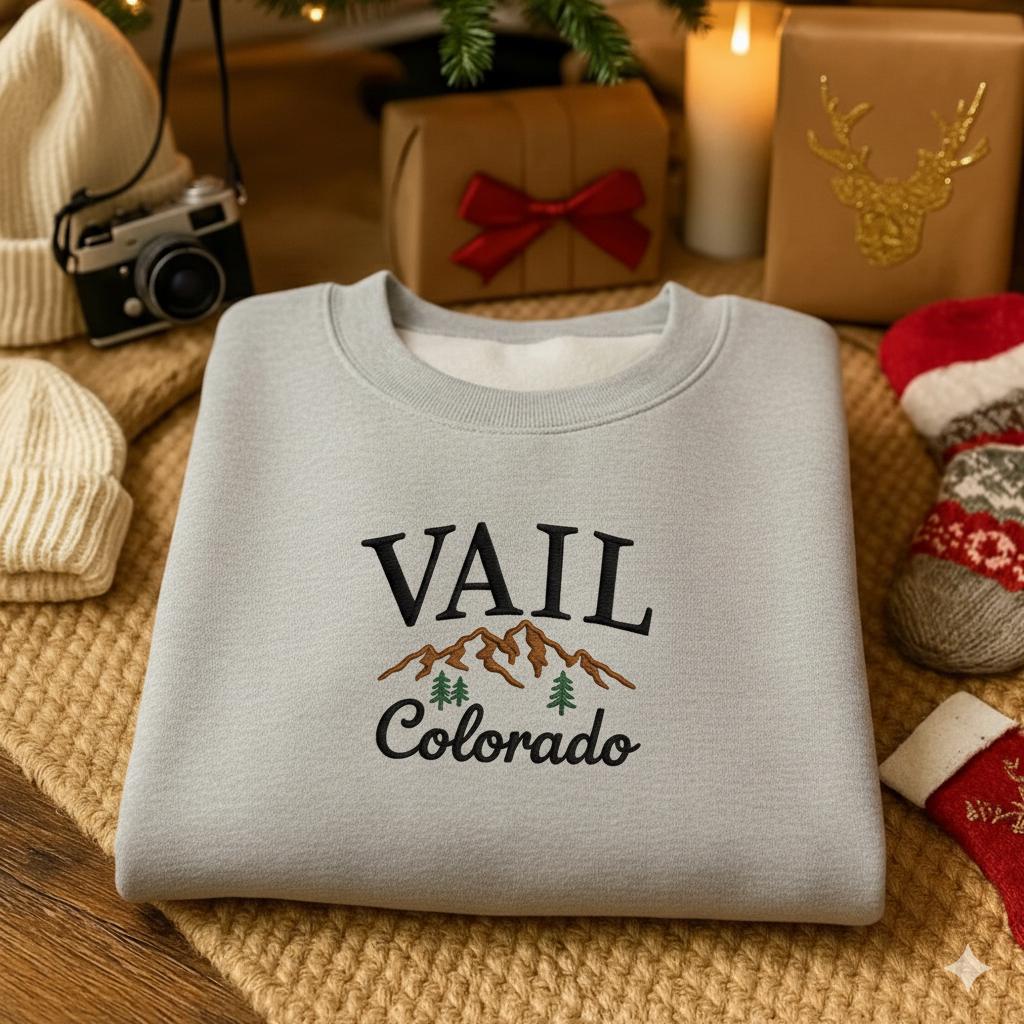 Mountain Adventure Embroidery Sweatshirt, Vail Colorado Crewneck, Cozy Travel Hiking Gift for Her Him
