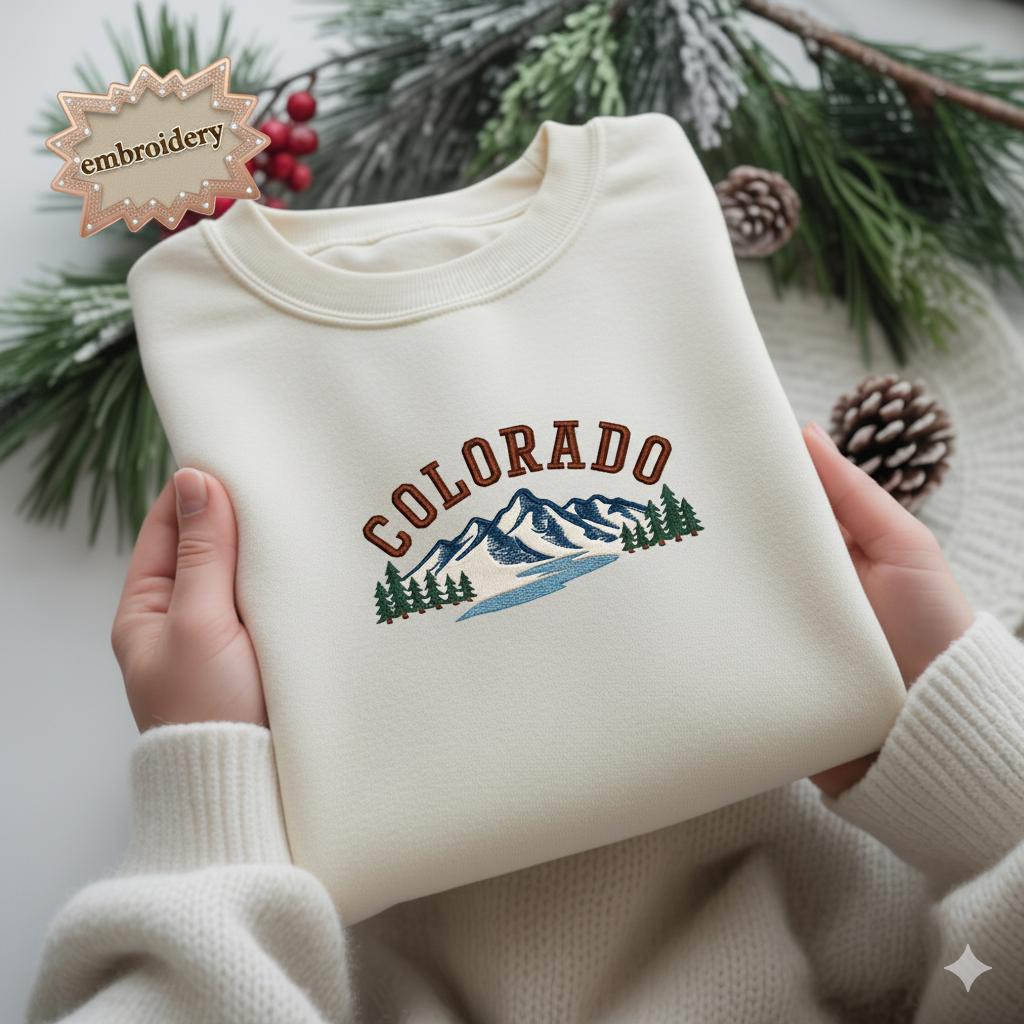 Mountain Graphic Embroidery Sweatshirt, Colorado Crewneck, Cozy Hiking Nature Gift for Her Him