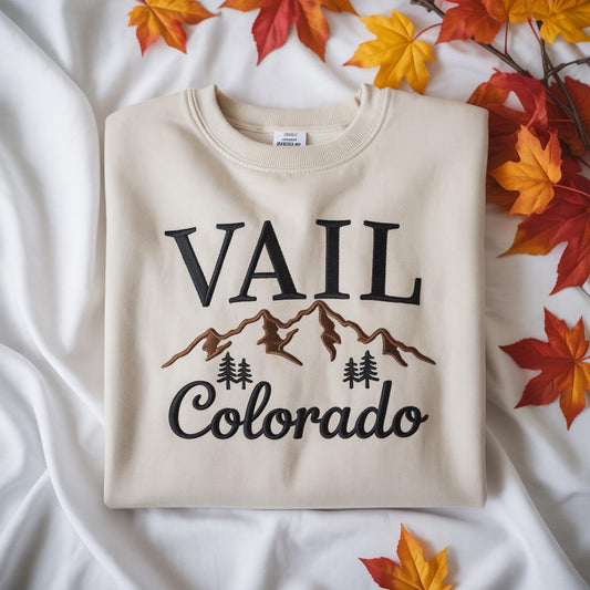 Mountain Adventure Embroidery Sweatshirt, Vail Colorado Crewneck, Cozy Travel Hiking Gift for Her Him