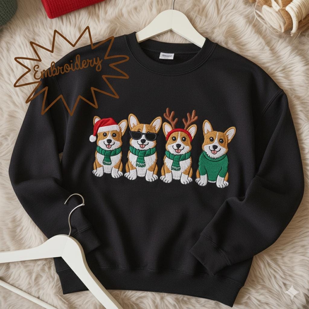 Christmas Corgi Embroidered Sweatshirt | Cute Holiday Dog Lover Hoodie | Xmas Dog Mom Embroidery Shirt Gift