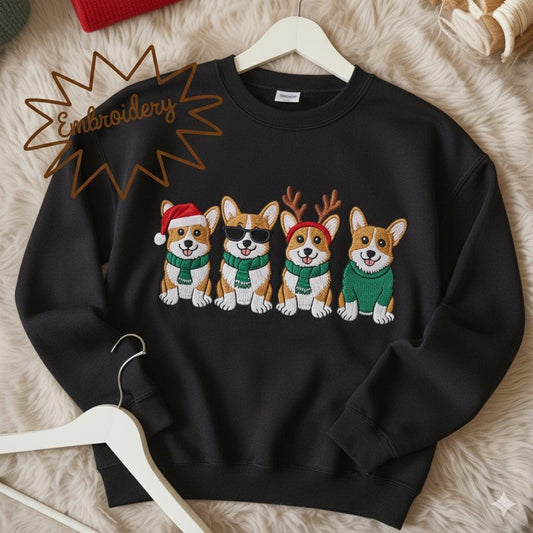 Christmas Corgi Embroidered Sweatshirt | Cute Holiday Dog Lover Hoodie | Xmas Dog Mom Embroidery Shirt Gift