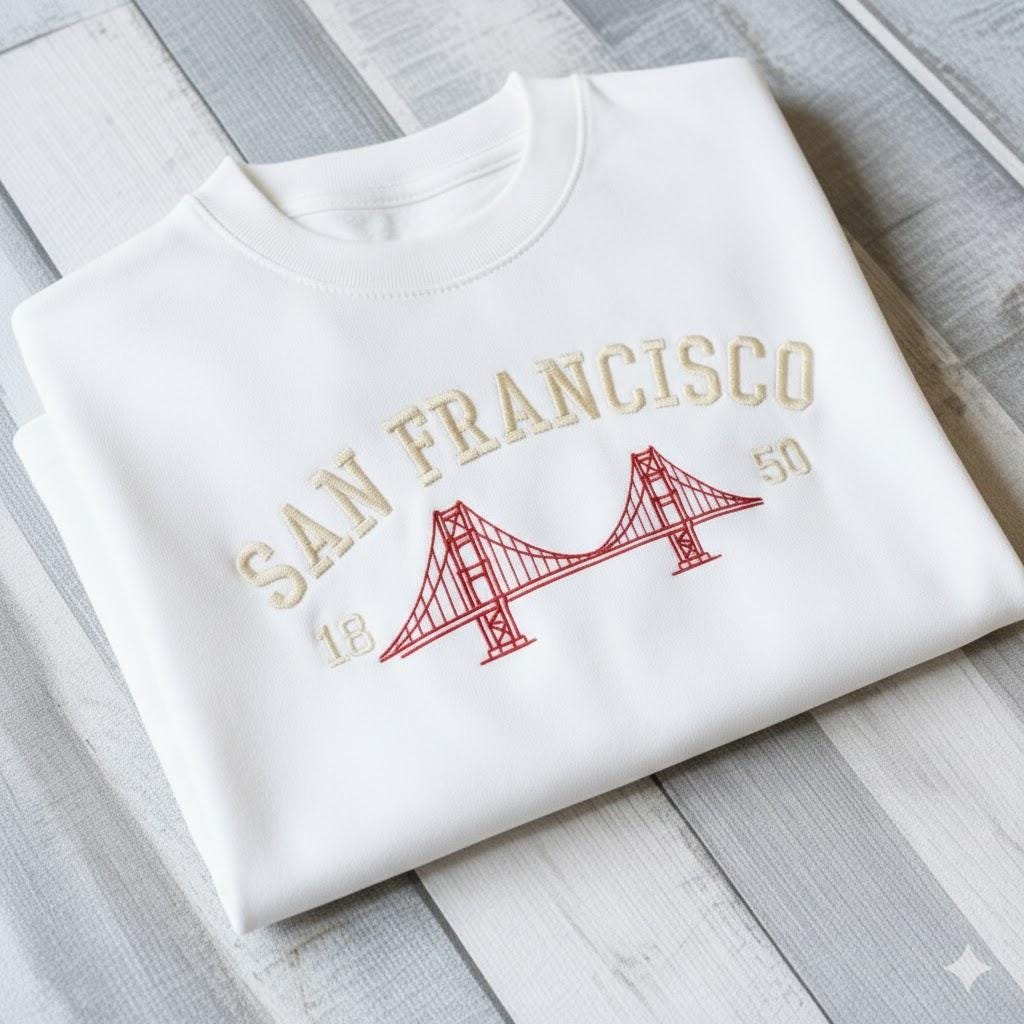San Francisco Embroidered Sweatshirt, Vintage California Crewneck, Golden Gate Bridge Sweater, West Coast Travel Gift, Bay Area Shirt