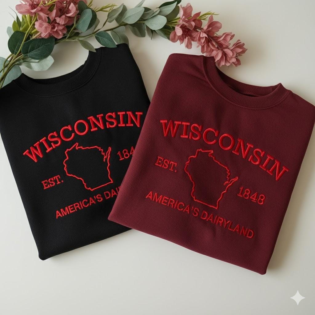 Wisconsin Embroidered Sweatshirt, State Pride Crewneck, Midwest Travel Gift, Vintage Style Sweater, Cozy Wisconsin Lover Shirt