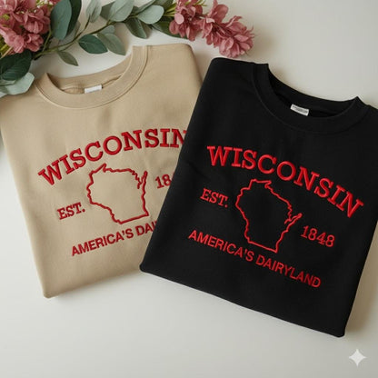 Wisconsin Embroidered Sweatshirt, State Pride Crewneck, Midwest Travel Gift, Vintage Style Sweater, Cozy Wisconsin Lover Shirt