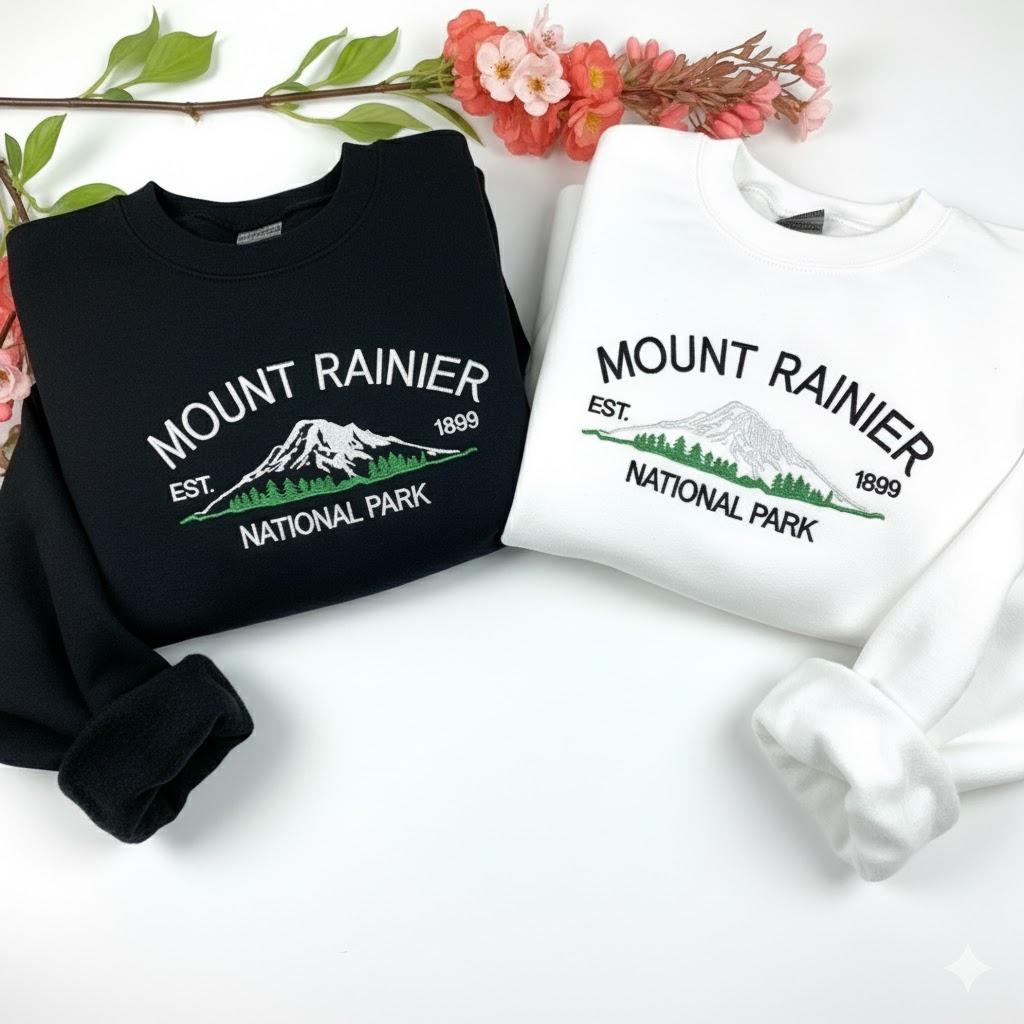 Mount Rainier National Park Embroidered Sweatshirt, Scenic Mountain Crewneck, Outdoor Adventure Gift, Nature Lovers Sweater, Travel Shirt