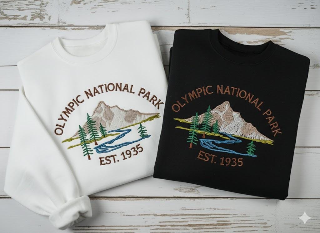 Olympic National Park Embroidered Sweatshirt, River & Mountain Crewneck, Snowy Peak Tee, PNW Outdoor Adventure Sweater, Nature Lover Gift
