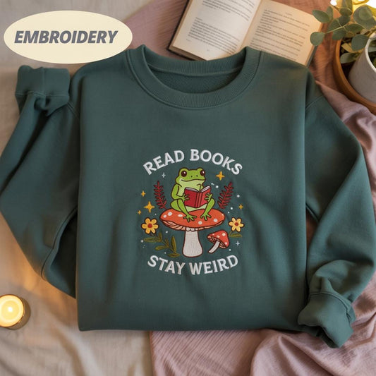 Read books stay weird tee, embroidered mushroom frog shirt, bookish cottagecore shirt, cozy reader gift, frogcore tee,embroidered frog shirt