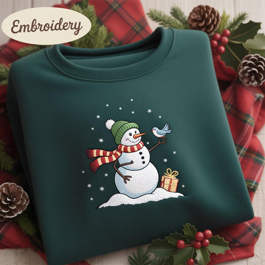 Snowman Embroidery Sweatshirt, Christmas Winter Sweatshirt, Cute Snowman with Bird Sweatshirt, Christmas Shirt for Women, Christmas Sweater