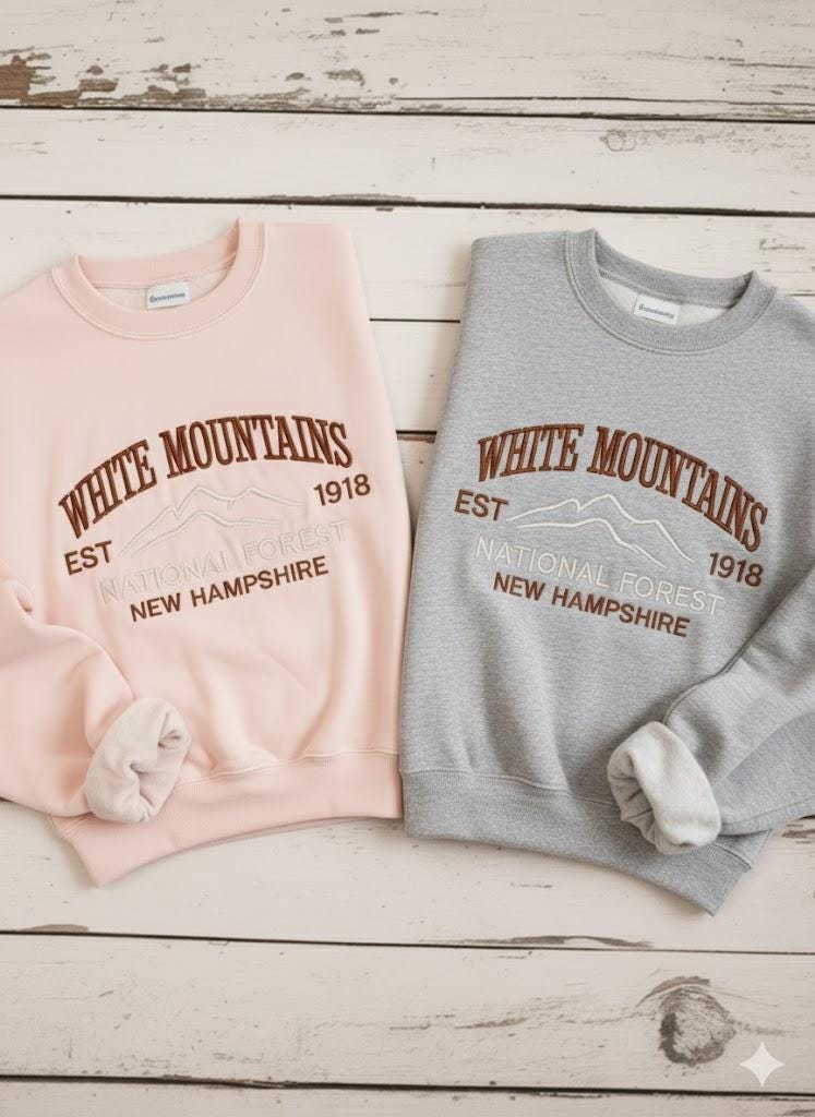 White Mountains Embroidered Crewneck | National Park Sweatshirt | Cozy Nature-Inspired Embroidery Pullover | Scenic Outdoor Hiking Gift