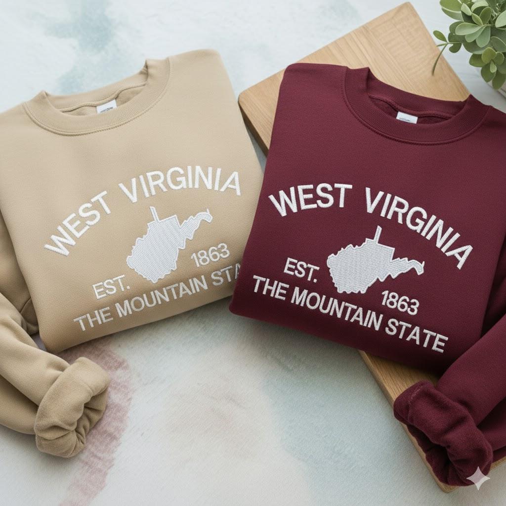 West Virginia Embroidered Crewneck Sweatshirt | State Flower Rhododendron Design | Cozy Vintage State Pride Pullover | Mountain Lover Gift