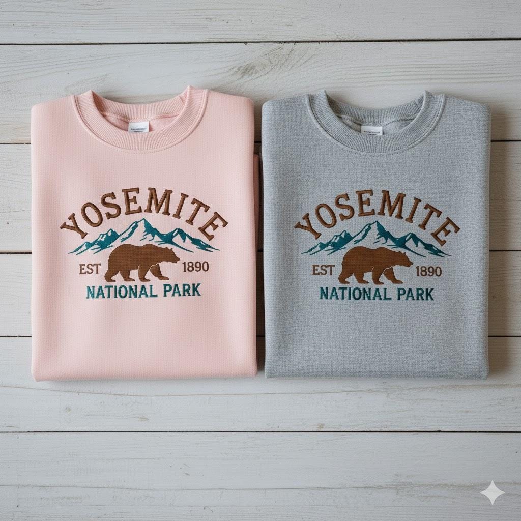 Yosemite National Park Embroidered Crewneck | Scenic Nature Sweatshirt | Mountain Adventure Embroidery Pullover | Outdoor Hiking Gift