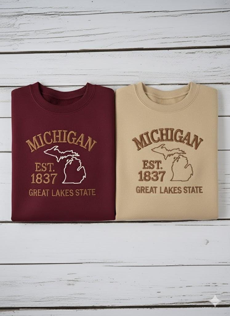 Michigan Embroidered Sweatshirt | Great Lakes Crewneck | Cozy State Pride Pullover | Lake Life Embroidery Gift for Travelers
