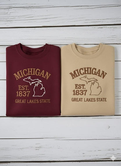 Michigan Embroidered Sweatshirt | Great Lakes Crewneck | Cozy State Pride Pullover | Lake Life Embroidery Gift for Travelers