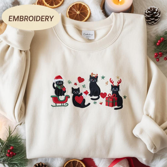 Black Cat Embroidered Sweatshirt, Christmas Sweatshirt, Holiday shirt, Cat Sweatshirt for Women, Funny Xmas Crewneck, Gift for girlfriend