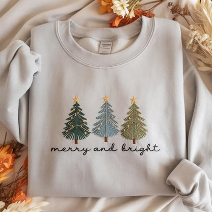 Merry and Bright Embroidered Shirt, Christmas Tree Embroidery Tee, Festive Holiday Top, Christian Xmas Shirt, Joyful Gift for Her