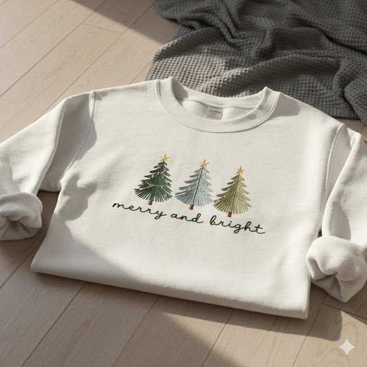 Merry and Bright Embroidered Shirt, Christmas Tree Embroidery Tee, Festive Holiday Top, Christian Xmas Shirt, Joyful Gift for Her