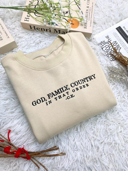 Embroidered Charlie Kirk God Family Country In That Order Sweatshirt Conservative Movement MAGA Trump God Bless The USA America, Freedom