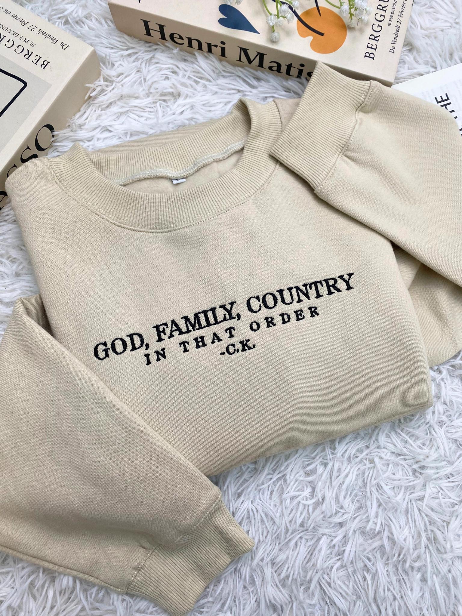 Embroidered Charlie Kirk God Family Country In That Order Sweatshirt Conservative Movement MAGA Trump God Bless The USA America, Freedom