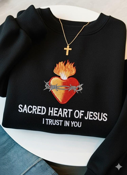 Sacred Heart Embroidered T-Shirt – Sacred Heart of Jesus, Catholic Gift for Her, Faith Based Christian Apparel, Jesus I Trust in You Shirt