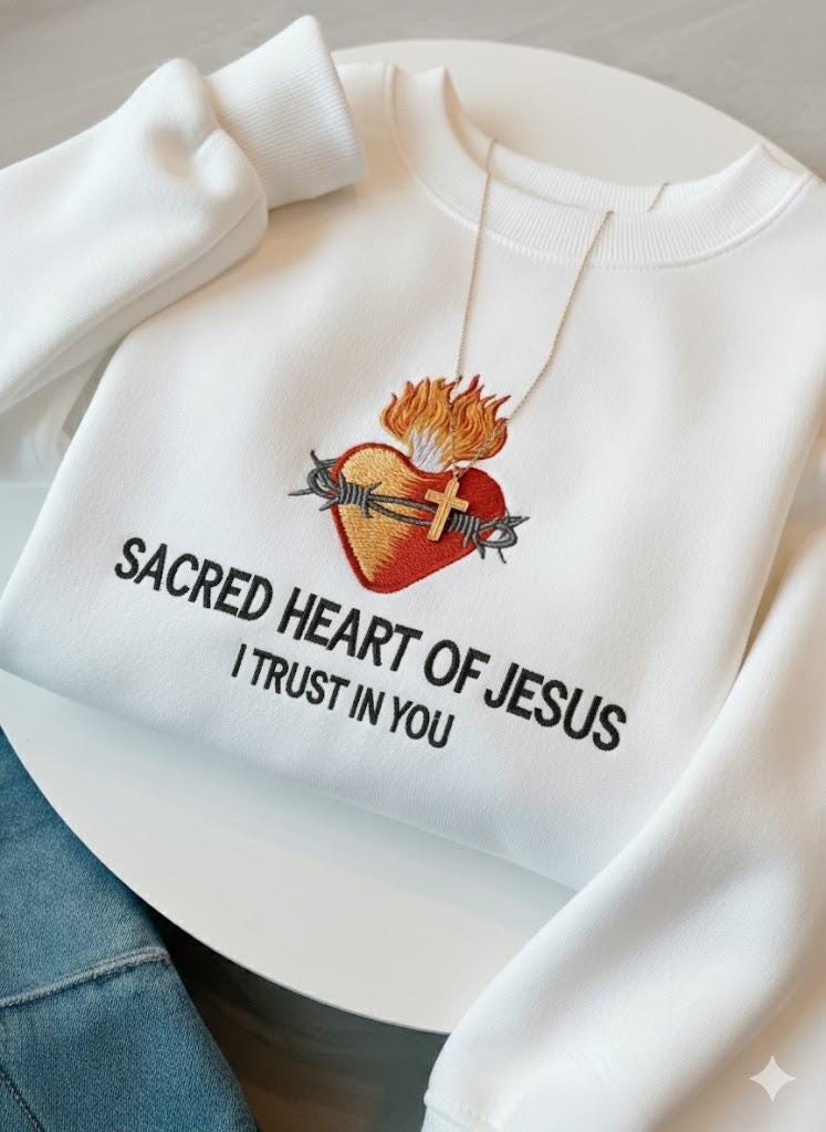 Sacred Heart Embroidered T-Shirt – Sacred Heart of Jesus, Catholic Gift for Her, Faith Based Christian Apparel, Jesus I Trust in You Shirt