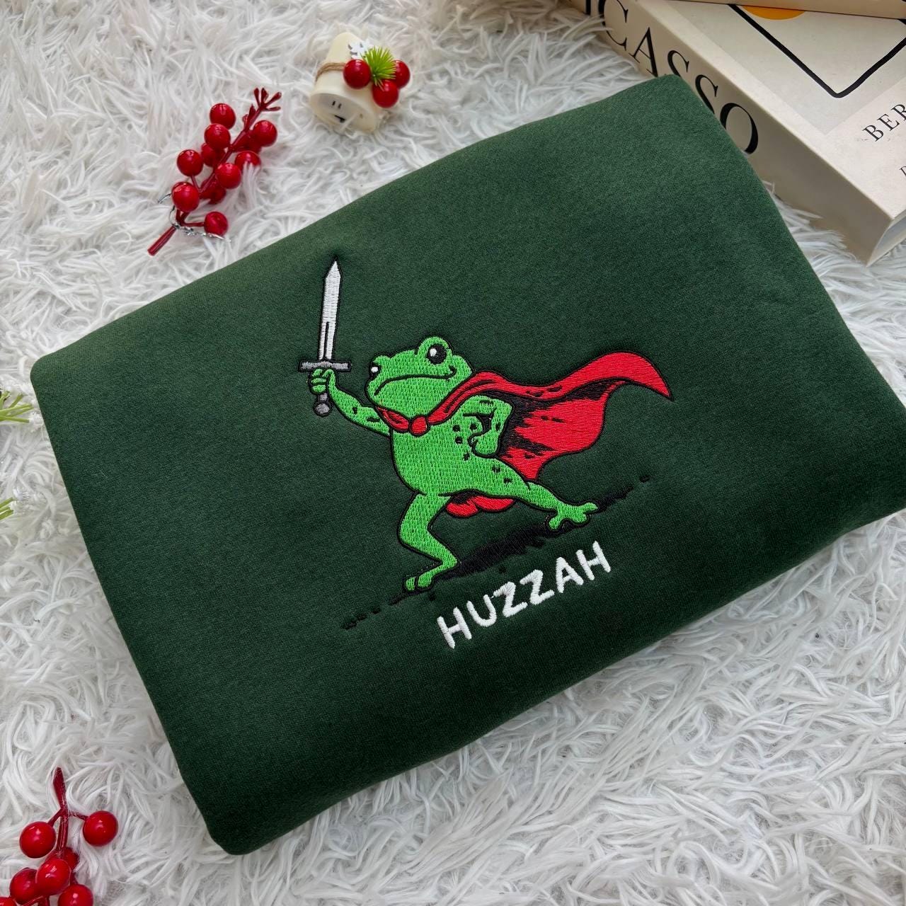 Huzzah Frog with Sword Embroidered Medieval Frog Sweatshirt, Funny Hoodie, Renaissance Faire Frog Embroidered Shirt, Huzzah Frog Meme Shirt