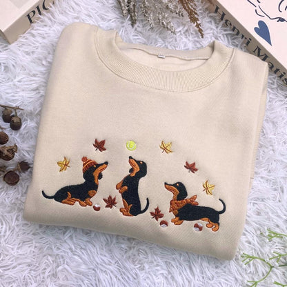 Dachshund Embroidered Sweatshirt, Fall Autumn Leaves Dog Lover Crewneck, Wiener Dog Embroidery Gift Top