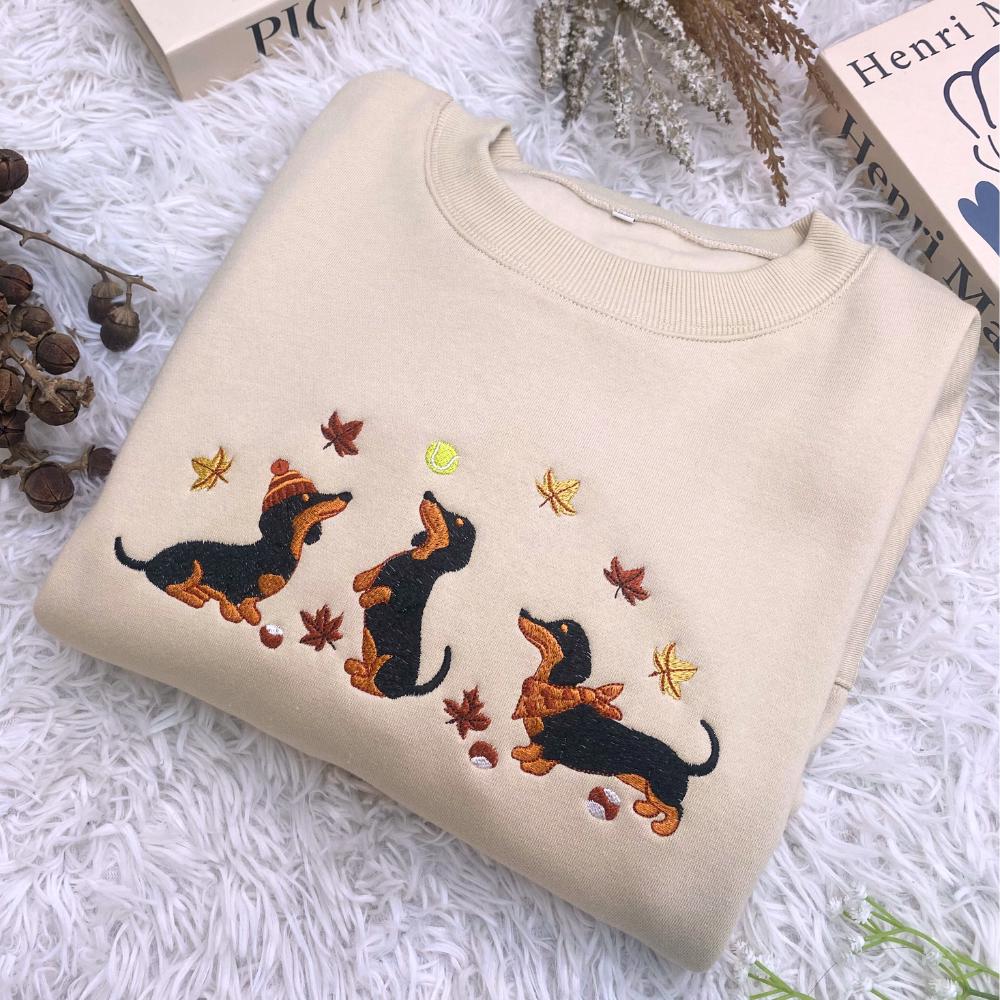 Dachshund Embroidered Sweatshirt, Fall Autumn Leaves Dog Lover Crewneck, Wiener Dog Embroidery Gift Top