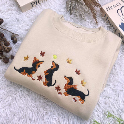 Dachshund Embroidered Sweatshirt, Fall Autumn Leaves Dog Lover Crewneck, Wiener Dog Embroidery Gift Top