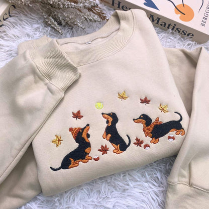 Dachshund Embroidered Sweatshirt, Fall Autumn Leaves Dog Lover Crewneck, Wiener Dog Embroidery Gift Top
