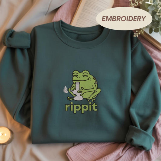 Rippit Frog Embroidered Sweatshirt, Frog Sweat Shirt, Frog Shirt, Stoner Shirt, Stoner Gift, Stoner Girls, Frog Shirt, Bong Rip Shirt