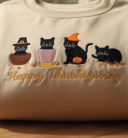 Embroidered Happy Thanksgiving Sweatshirt, Black Cat Embroidered Shirt, Pumpkin Season Shirt, Thanksgiving Fall Shirt, Thanksgiving Gift