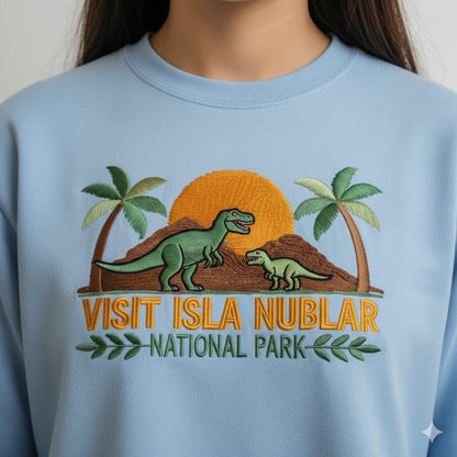 Visit Isla Nublar Embroidered Sweatshirt | Jurassic Park Crewneck | Dinosaur Lover Prehistoric Adventure Gift Top