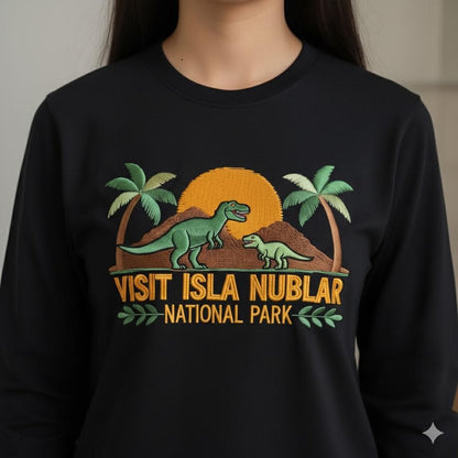 Visit Isla Nublar Embroidered Sweatshirt | Jurassic Park Crewneck | Dinosaur Lover Prehistoric Adventure Gift Top