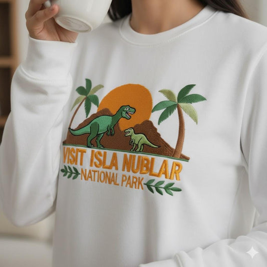 Visit Isla Nublar Embroidered Sweatshirt | Jurassic Park Crewneck | Dinosaur Lover Prehistoric Adventure Gift Top