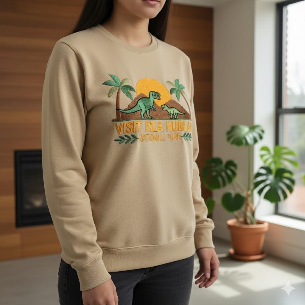 Visit Isla Nublar Embroidered Sweatshirt | Jurassic Park Crewneck | Dinosaur Lover Prehistoric Adventure Gift Top