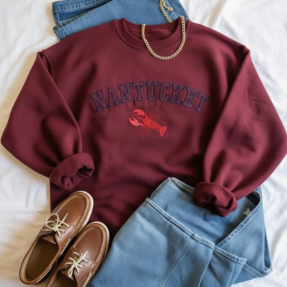 Nantucket Lobster Embroidered Sweatshirt | Coastal Cape Cod Crewneck | Preppy Beach Summer Vacation Gift Top