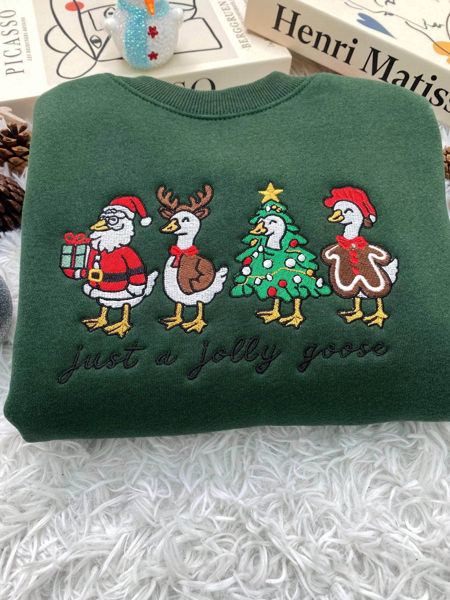 Christmas Goose Embroidered Sweatshirt, Festive Goose in Santa, Reindeer, Tree, Gingerbread Outfits, Funny Holiday Sweatshirt,Christmas Gift