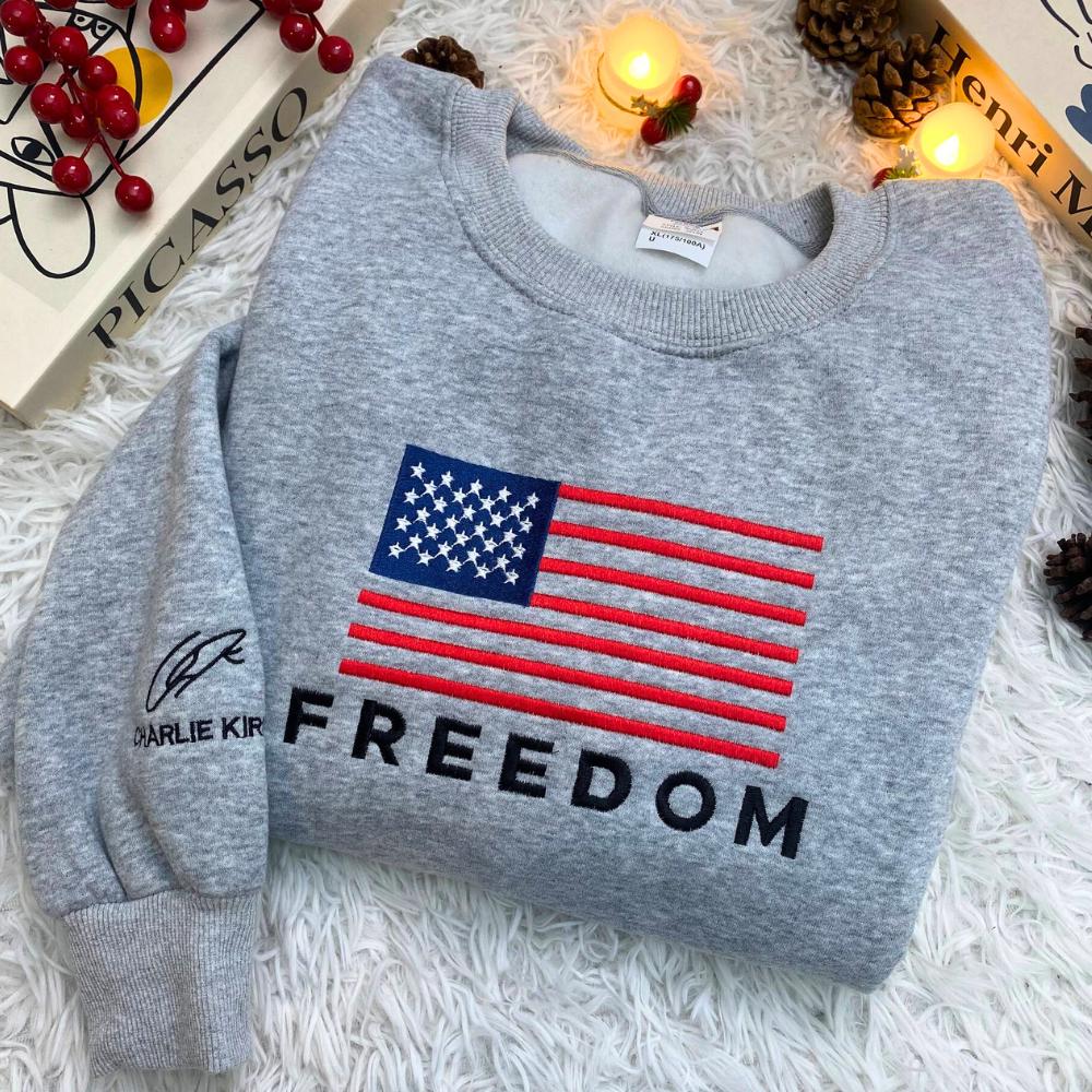 Freedom USA Embroidery Tee | Patriotic Embroidered Shirt | Charlie Kirk Inspired Turning Point Top | Free Speech USA Embroidered Apparel