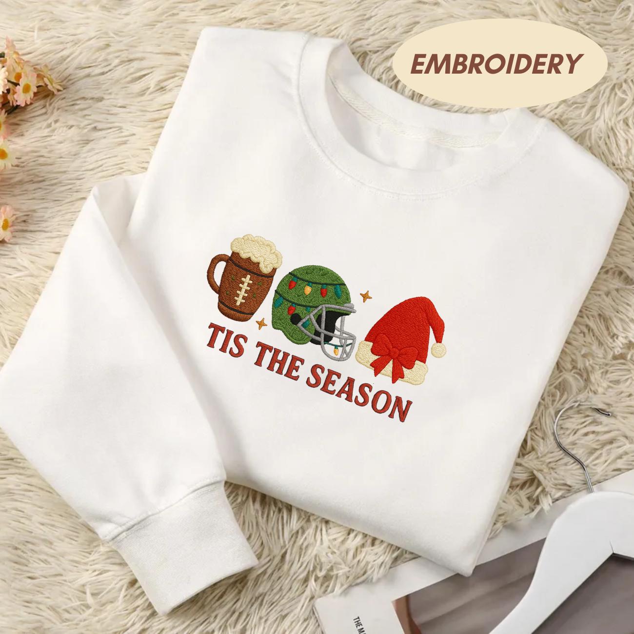 Christmas Football Santa Hat Embroidered Shirt, Sports Xmas Tee, Funny Football Christmas Shirt, Football Lovers Gift, Football Team Tee