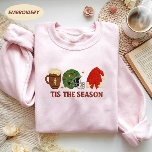 Christmas Football Santa Hat Embroidered Shirt, Sports Xmas Tee, Funny Football Christmas Shirt, Football Lovers Gift, Football Team Tee