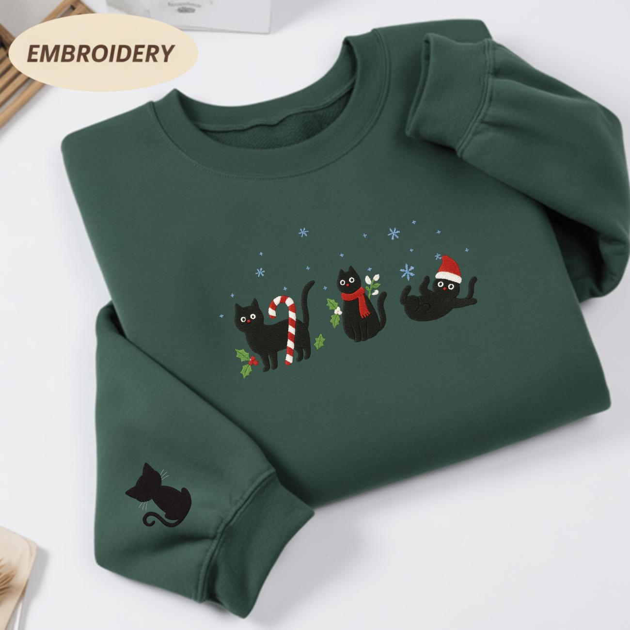 Christmas Cat Embroidered Sweatshirt, Happy Cat Year Shirt, Christmas Cat Shirt, Cats Sweatshirt, Cat Lover Christmas Shirt, Black Cat Shirt