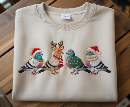 Christmas Pigeon Embroidered Shirt Funny Bird Christmas Ugly Xmas Sweater Style Top | Animal Lover Holiday Gift Winter Crewneck for Her
