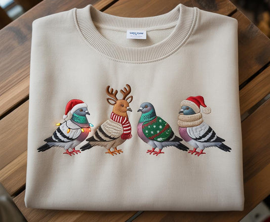 Christmas Pigeon Embroidered Shirt Funny Bird Christmas Ugly Xmas Sweater Style Top | Animal Lover Holiday Gift Winter Crewneck for Her
