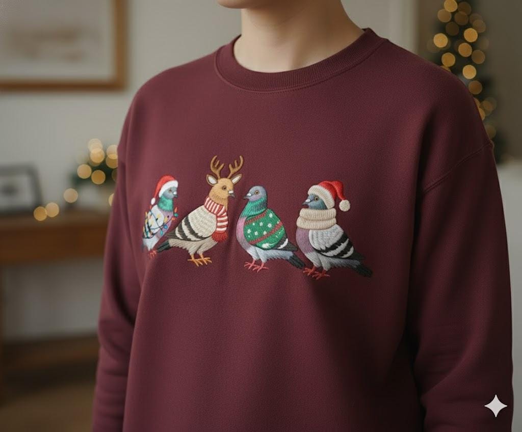 Christmas Pigeon Embroidered Shirt Funny Bird Christmas Ugly Xmas Sweater Style Top | Animal Lover Holiday Gift Winter Crewneck for Her