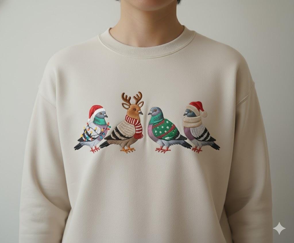 Christmas Pigeon Embroidered Shirt Funny Bird Christmas Ugly Xmas Sweater Style Top | Animal Lover Holiday Gift Winter Crewneck for Her