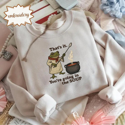 Frog Soup Embroidered Shirt, Funny Meme Embroidery Tee, Cute Animal Embroidered Gift, Spooky Season Halloween Shirt