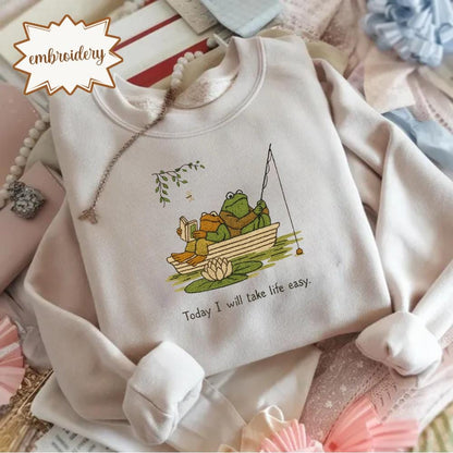 Vintage Frog and Toad Embroidered Shirt, Casual Laid-back Embroidery Tee, Funny Relaxed Gift Top